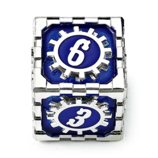 35mm Mythic Size Cogcraft Fidget D6 Tesla Blue and Silver
