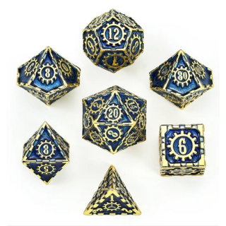 Solid Metal Cogcraft Polyhedral Dice Set Vault Dweller Blue and Gold (7)