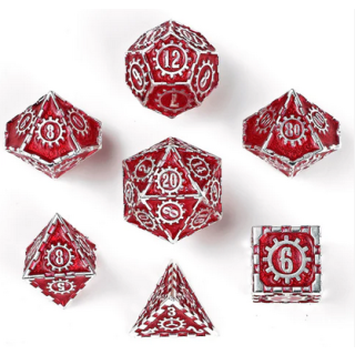 Solid Metal Cogcraft Polyhedral Dice Set Vernmillion Red and Silver (7)