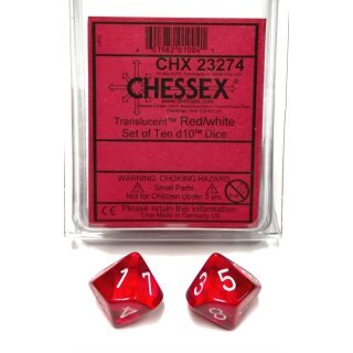 Chessex Translucent Red/white Set of Ten d10s