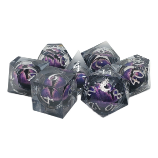 Sharp Edged Dice Set Liquid Infused Serpents Eye Black w/Purple Eye (7)