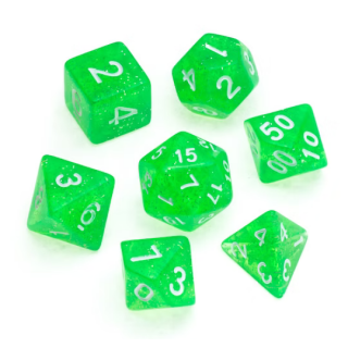Glitter Polyhedral Dice Set Bright Green Numbers White (7)