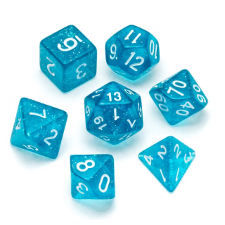 Glitter Polyhedral Dice Set Light Blue Numbers White (7)