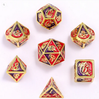 Solid Metal Dragon Polyhedral Dice Set Gold w/ Red & Purple (7)